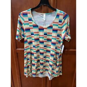 NWT LuLaRoe Perfect Tee Women Large Striped Blue Green Beige Salmon Peach